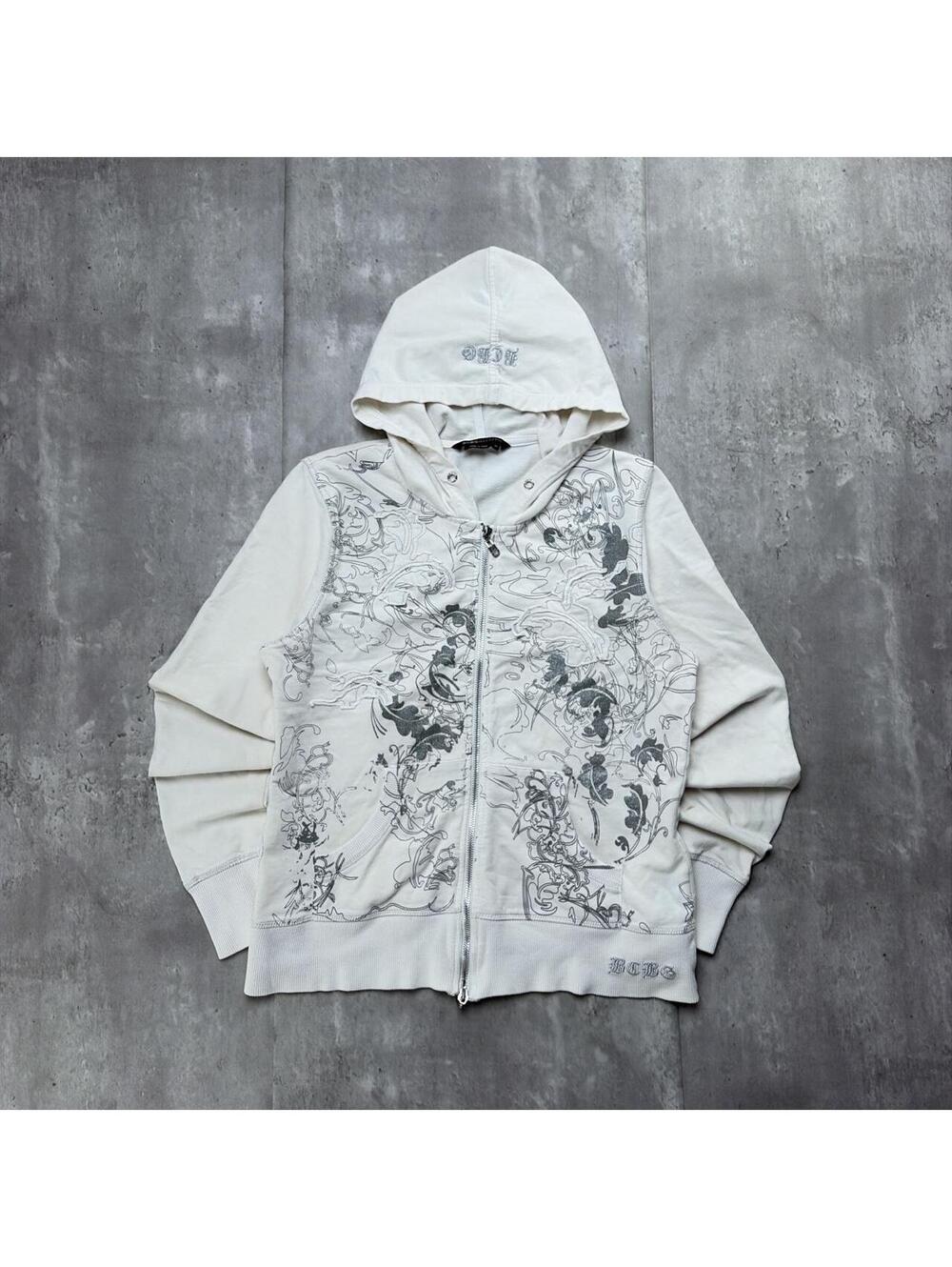 Y2K White BCBG Maxazria Grunge Gothic Floral Zip Up Hoodie